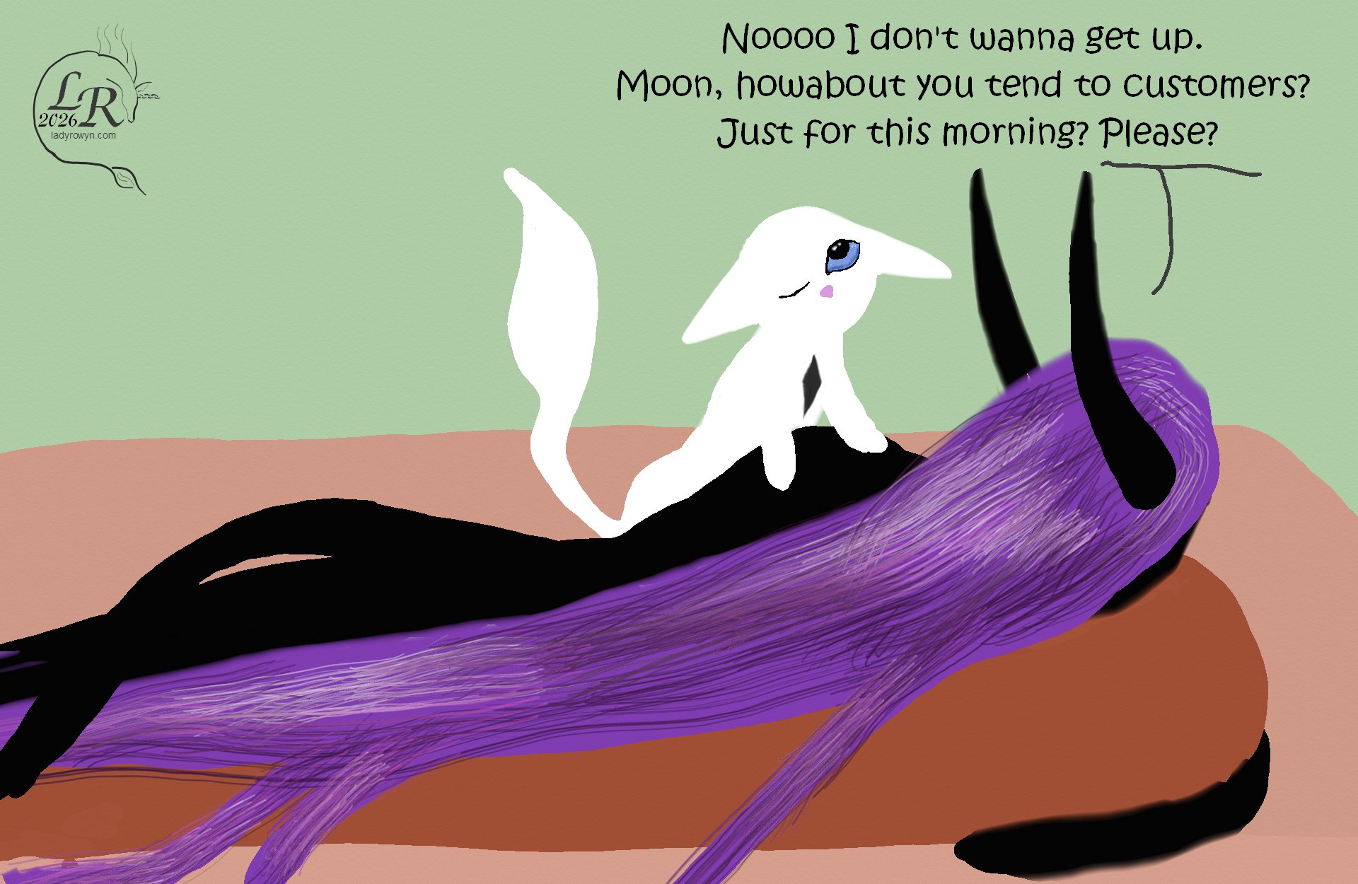 Simple colored drawing of Zhenshay, a reflectionless black figure with horns, a tail, and long purple hair, lying on a bed, back against a big orange body pillow, face towards the pillow. Moon, a one-eyed white cat, is standing with her paws on his shoulder and ears splayed in dismay. 
Zhenshay: 